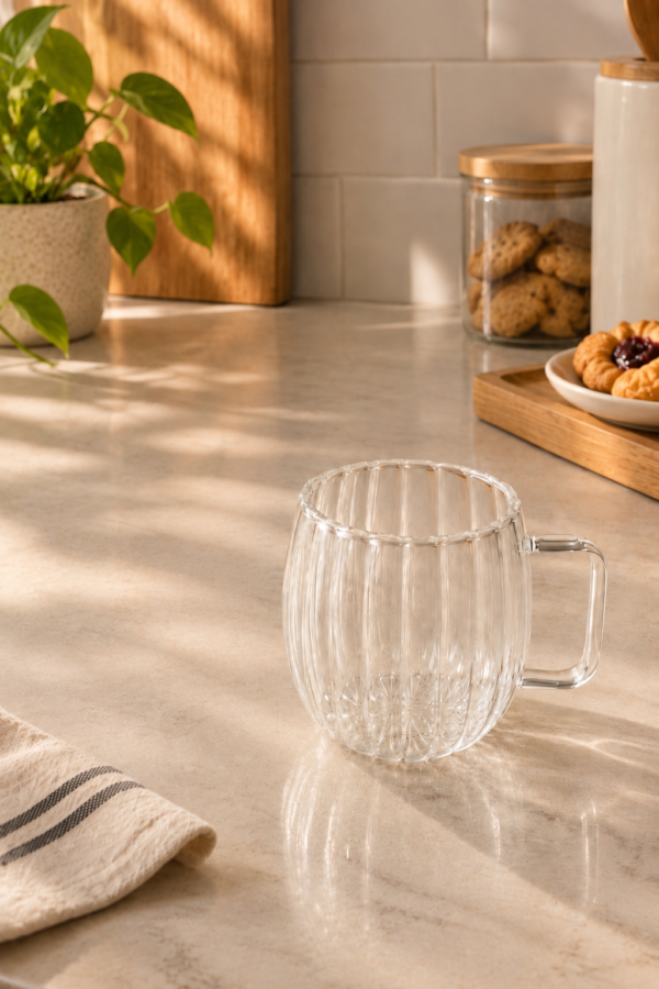 Taza doble vidrio facetado con asa de 250ml
