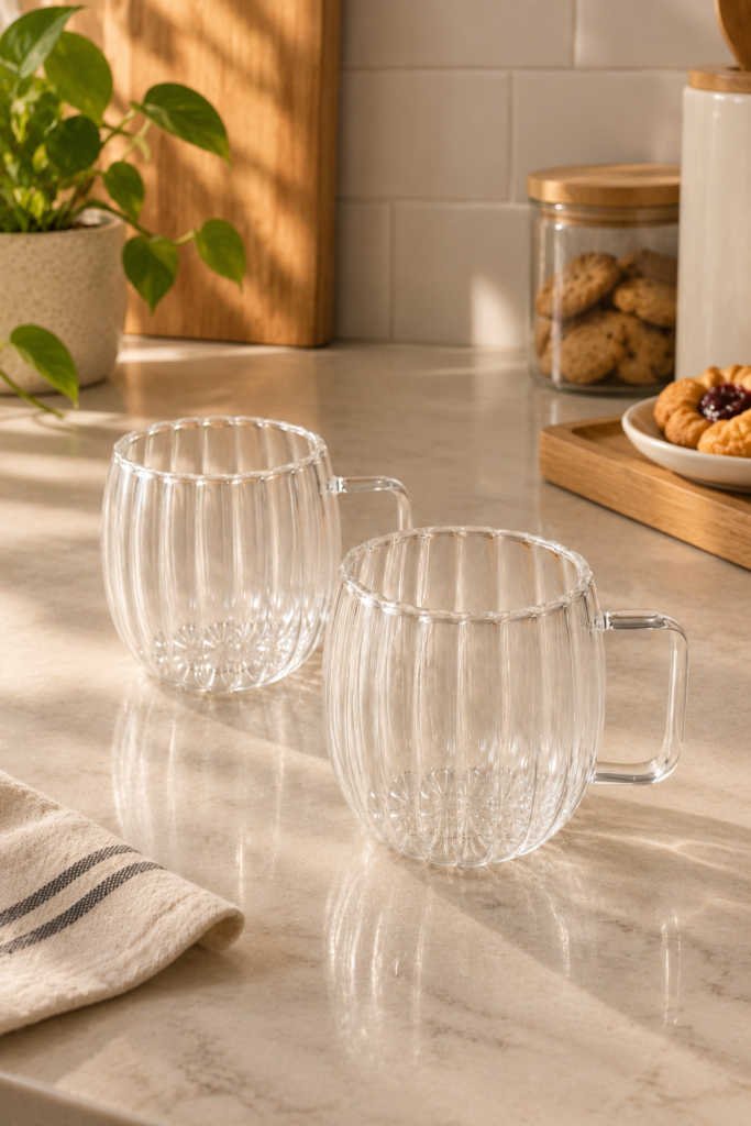 Taza doble vidrio facetado con asa de 250ml