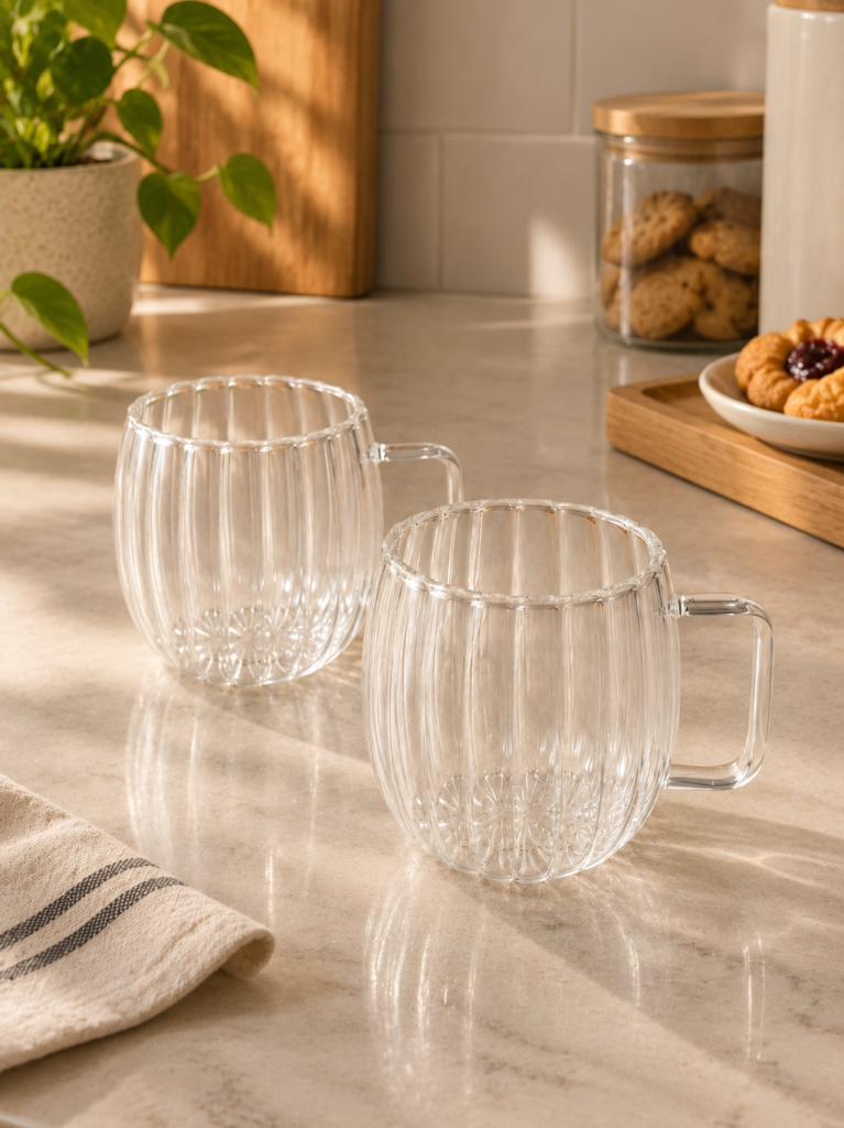 Taza doble vidrio facetado con asa de 250ml